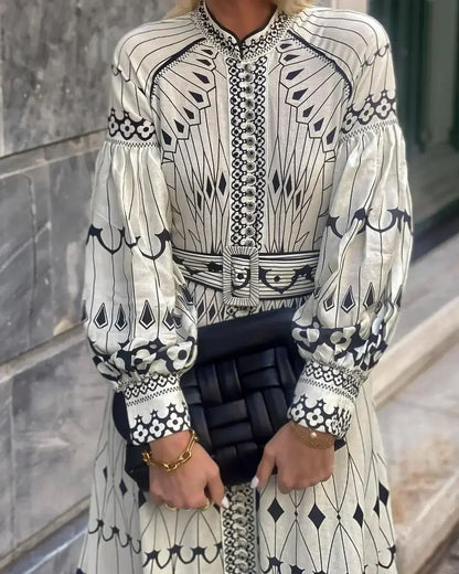 Elegant Beige Printed Midi Dress for Women with Mock Neck Bishop Sleeve Belted Boho Style