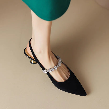 Elegant Rhinestone Slingback Heel for Women with Pointed Toe Ankle Strap Sculptural Heel Style
