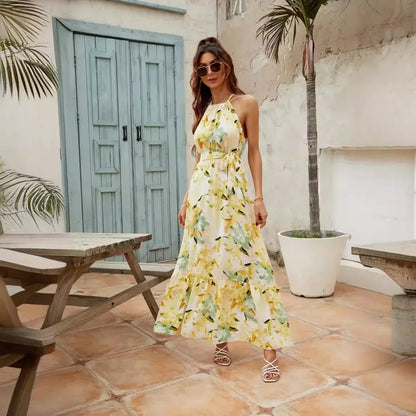 Elegant Floral Maxi Cocktail Dress for Women with Halter Neck Sleeveless Tie Waist Flowing Style