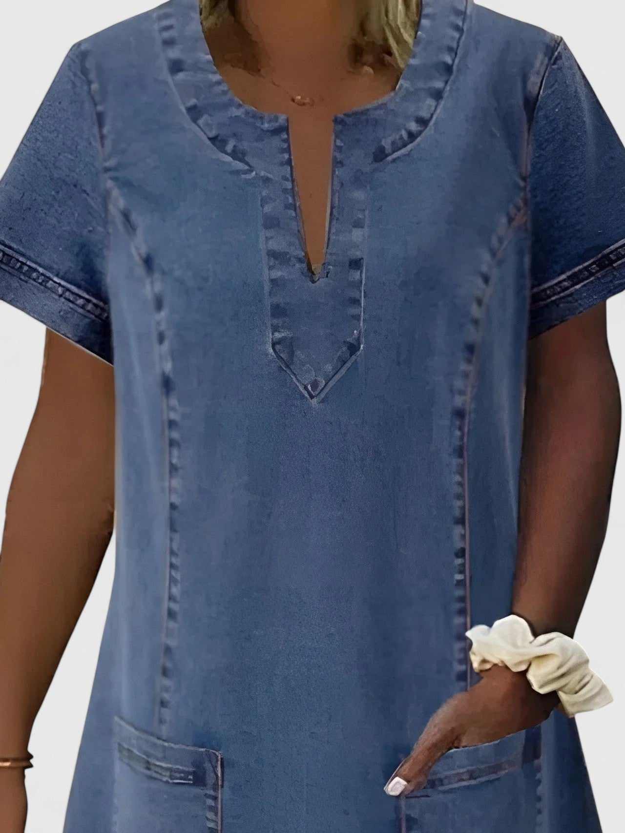 Effortless Denim Mini Dress for Women with Split Neck Short Sleeve Patch Pocket A Line Casual Style