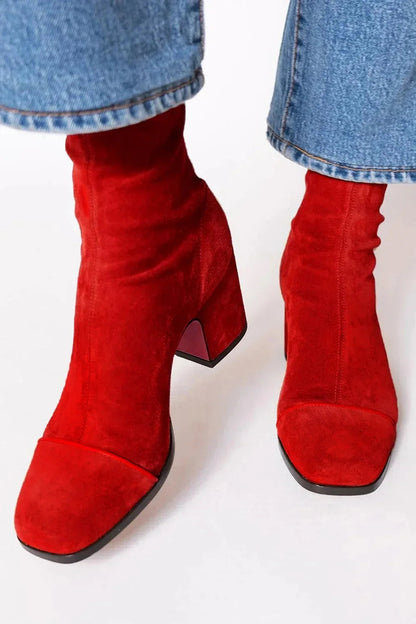 Women's Suede Contrast Cap Toe Heeled Boots