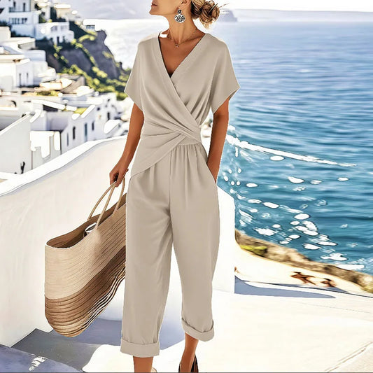 Effortless Wrap Jumpsuit for Women with V Neck Short Sleeve Wide Leg Cropped Relaxed Style