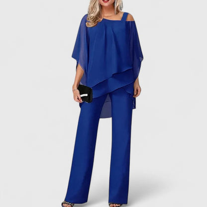Elegant Chiffon Wide Leg Set for Women with Cold Shoulder Batwing Sleeve Layered Two Piece Style