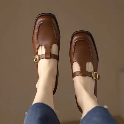 Elegant Leather Mary Jane Loafer for Women with Square Toe T Strap Buckle Block Heel Style
