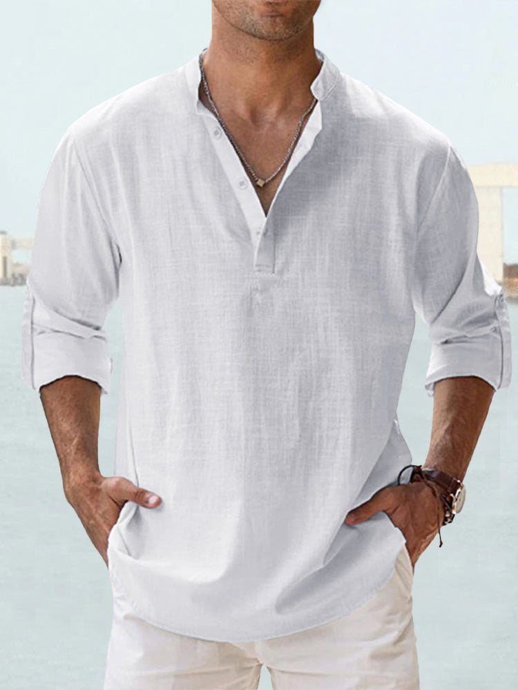 Effortless Linen Shirt for Women with Stand Collar Long Sleeve Button Placket Relaxed Casual Style