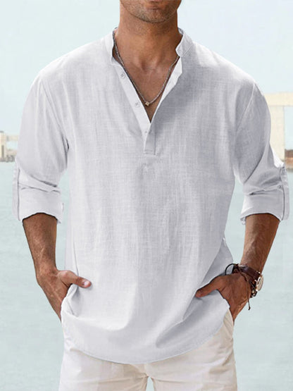 Effortless Linen Shirt for Women with Stand Collar Long Sleeve Button Placket Relaxed Casual Style