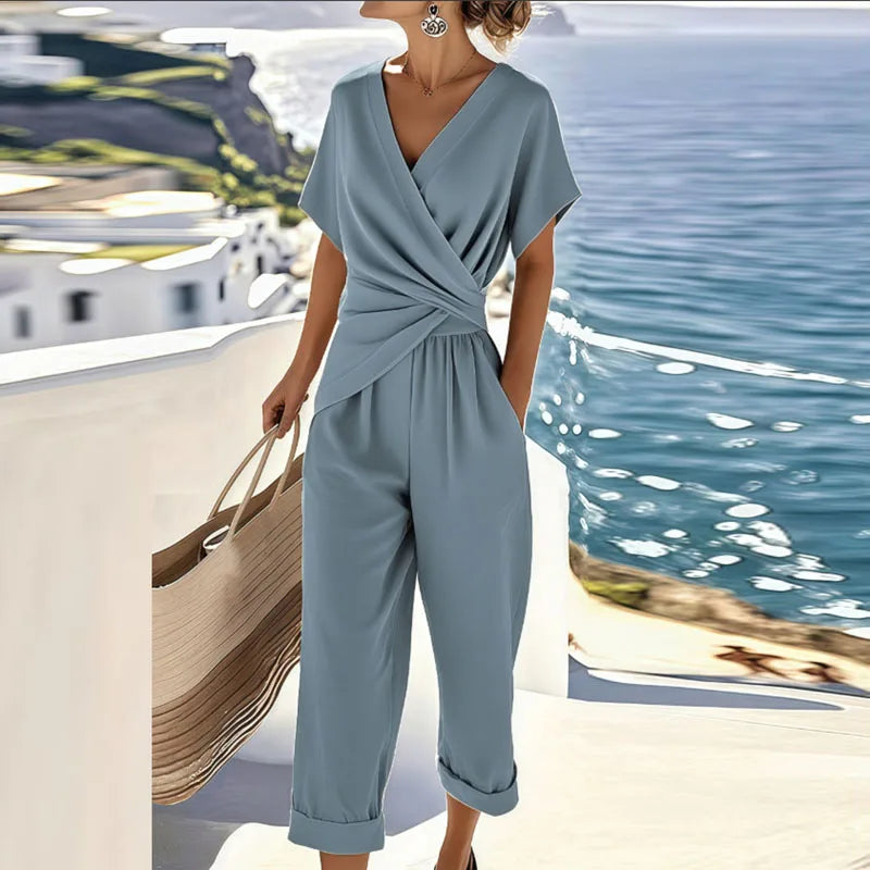 Effortless Wrap Jumpsuit for Women with V Neck Short Sleeve Wide Leg Cropped Relaxed Style