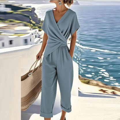 Effortless Wrap Jumpsuit for Women with V Neck Short Sleeve Wide Leg Cropped Relaxed Style