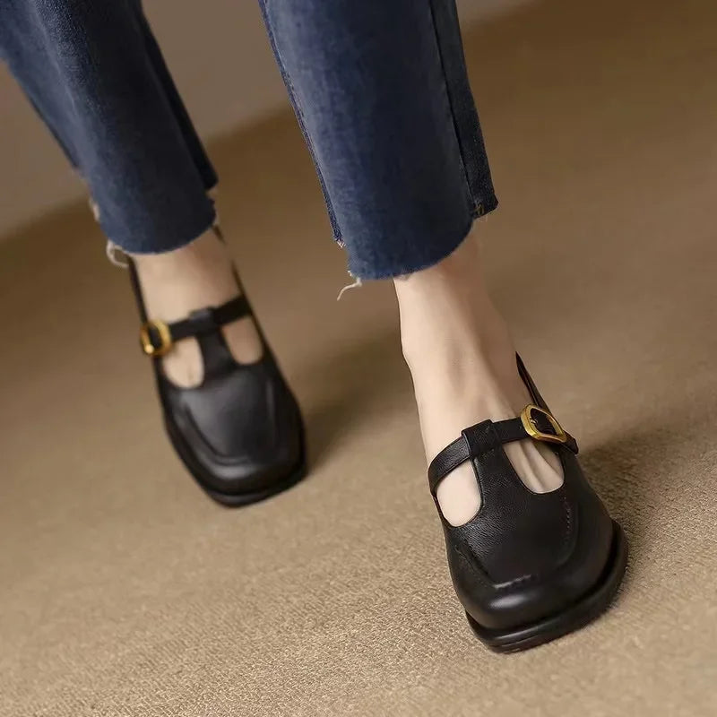 Elegant Leather Mary Jane Loafer for Women with Square Toe T Strap Buckle Block Heel Style