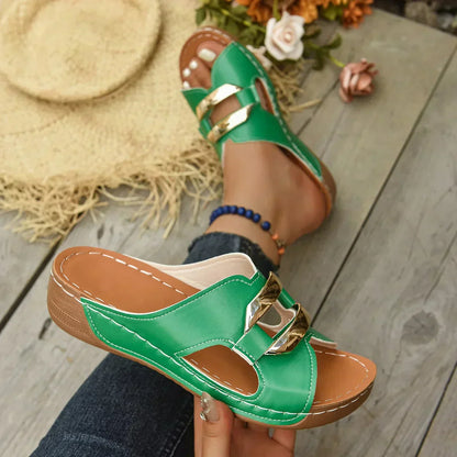 Comfortable Faux Leather Wedge Sandal for Women with Open Toe Metallic Buckle Cutout Platform Style