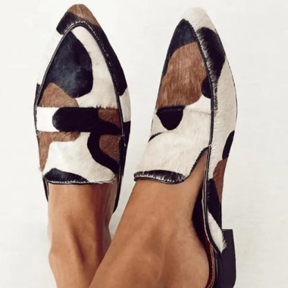 Elegant Cow Print Calf Hair Loafers for Women with Pointed Toe Slip On Block Heel Style