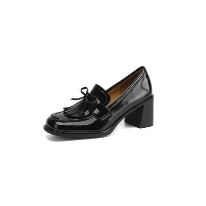 Elegant Patent Leather Tassel Loafer for Women with Bow Detail Block Heel Almond Toe Style