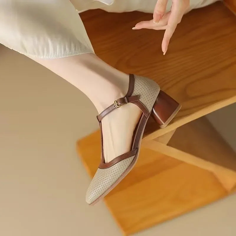 Elegant Perforated Leather Mary Jane Sandals for Women with T-Strap Square Toe Block Heel Vintage Style