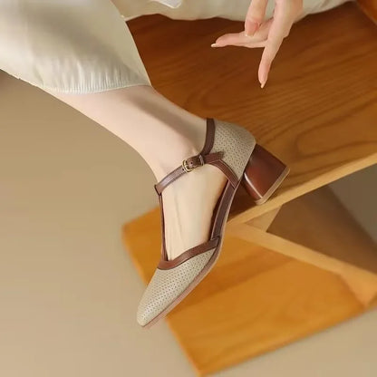 Elegant Perforated Leather Mary Jane Sandals for Women with T-Strap Square Toe Block Heel Vintage Style