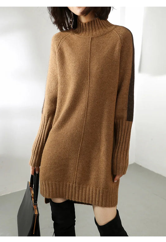 Cozy Brown Sweater Dress for Women with Turtleneck Long Sleeve Ribbed Oversized Knit Style