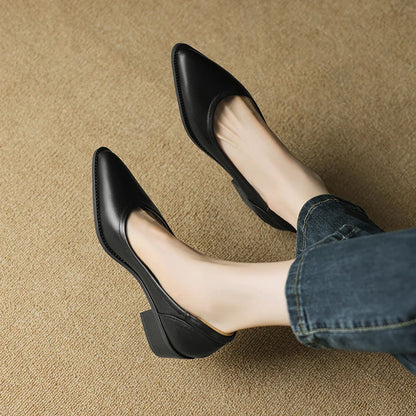 Elegant Leather Pointed Toe Pump for Women with Block Heel Slip On Vintage Style