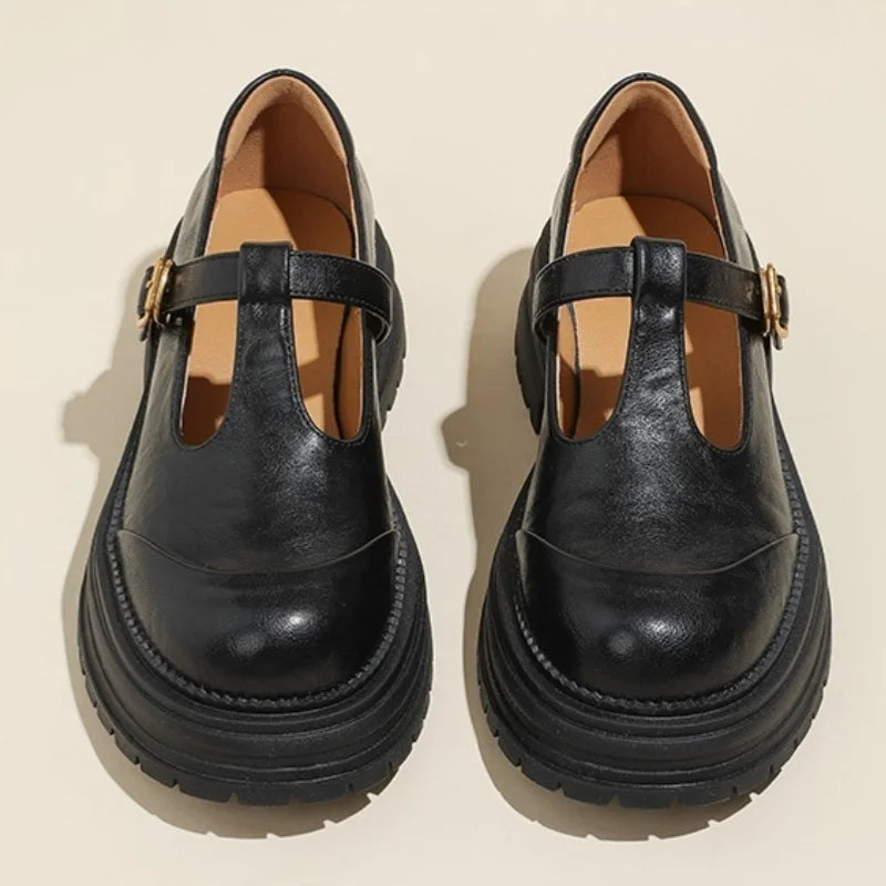 Elegant Leather Mary Jane Platform Shoe for Women with T Strap Buckle Chunky Sole Vintage Style
