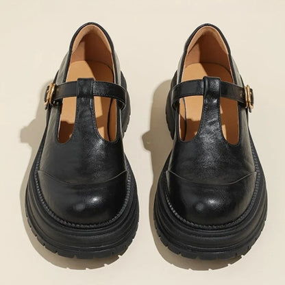 Elegant Leather Mary Jane Platform Shoe for Women with T Strap Buckle Chunky Sole Vintage Style