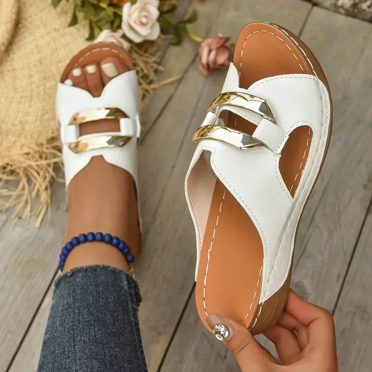 Comfortable Faux Leather Wedge Sandal for Women with Open Toe Metallic Buckle Cutout Platform Style