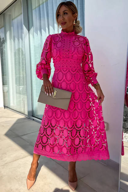 Elegant Crochet Lace Midi Dress for Women with High Neck Balloon Sleeve Scalloped Hem Style