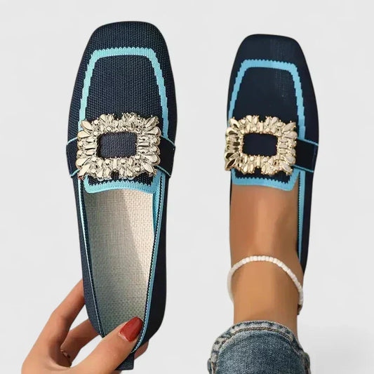 Stylish Knit Loafer for Women with Jeweled Buckle Square Toe Flat Style