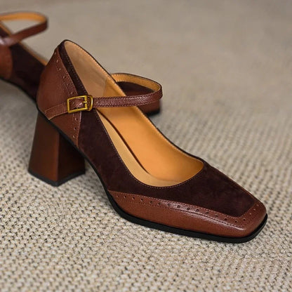 Elegant Suede Leather Mary Jane Pumps for Women with Square Toe Block Heel Ankle Strap Vintage Style
