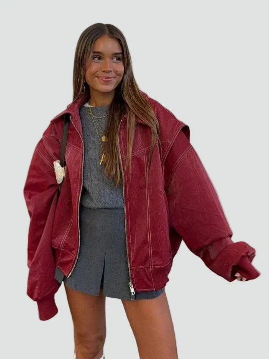 Women's Oversized Zip Front Pockets Bomber Jacket