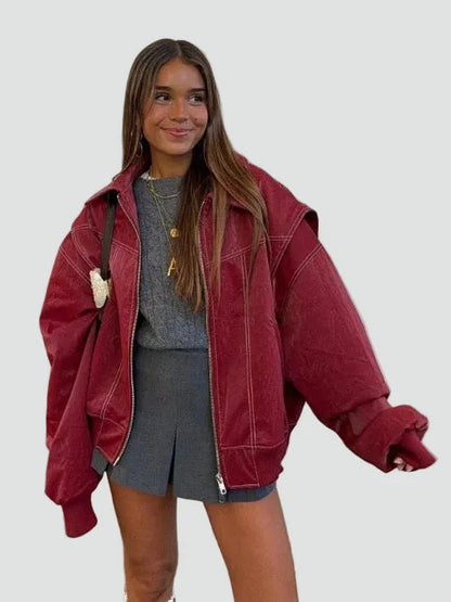 Women's Oversized Zip Front Pockets Bomber Jacket