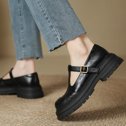 Elegant Leather Mary Jane Platform Shoe for Women with T Strap Buckle Chunky Sole Vintage Style