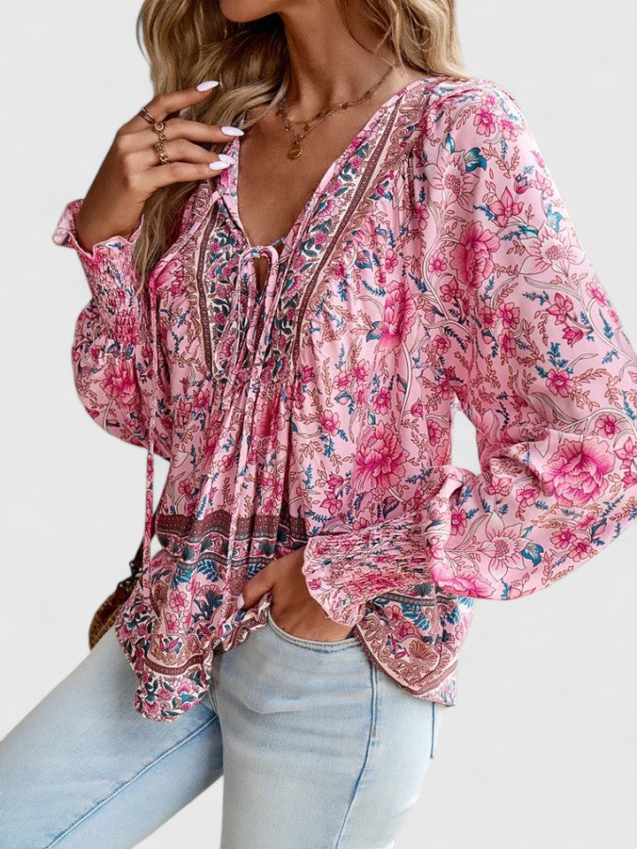 Effortless Floral Blouse for Women with V Neck Balloon Sleeve Smocked Cuff Bohemian Style
