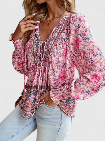Effortless Floral Blouse for Women with V Neck Balloon Sleeve Smocked Cuff Bohemian Style