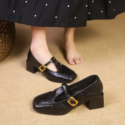 Stylish Leather Mary Jane Pumps for Women with T Strap Square Toe Block Heel Vintage Style