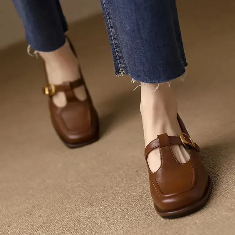 Elegant Leather Mary Jane Loafer for Women with Square Toe T Strap Buckle Block Heel Style