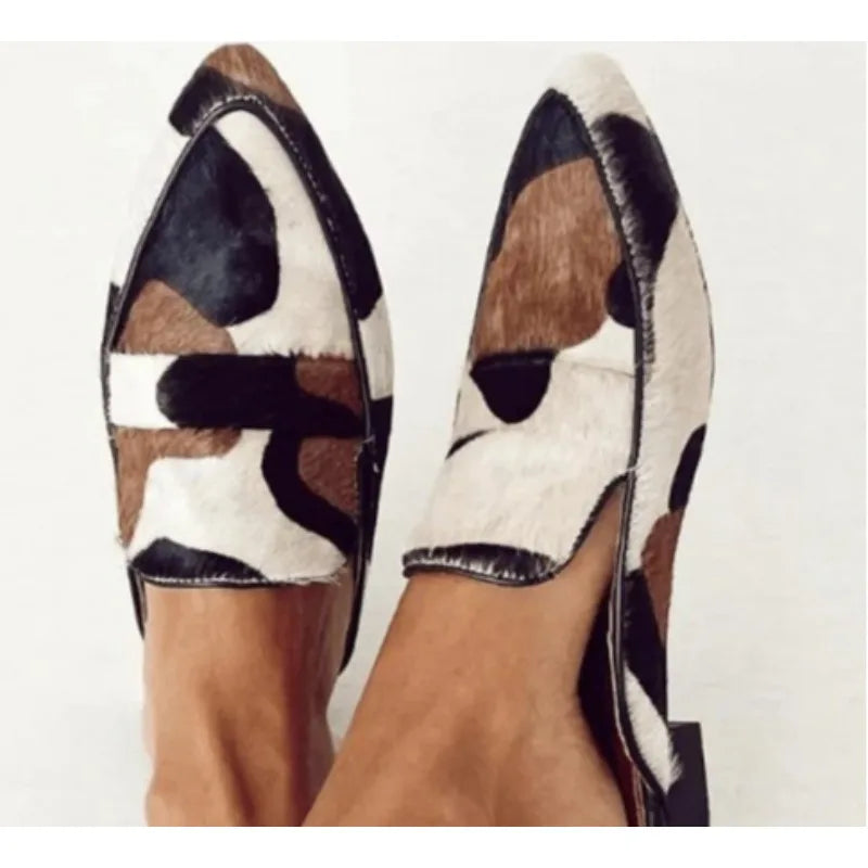 Elegant Cow Print Calf Hair Loafers for Women with Pointed Toe Slip On Block Heel Style
