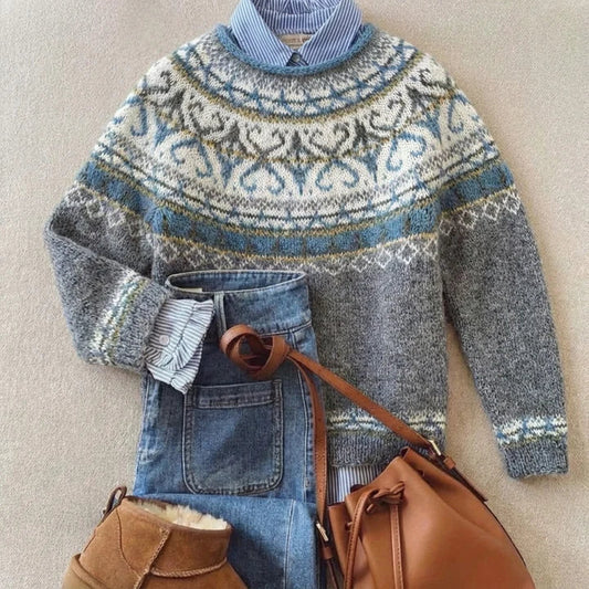 Warm Grey Fair Isle Knit Sweater for Women with Round Neck Long Sleeve Nordic Pullover Cold Weather Style