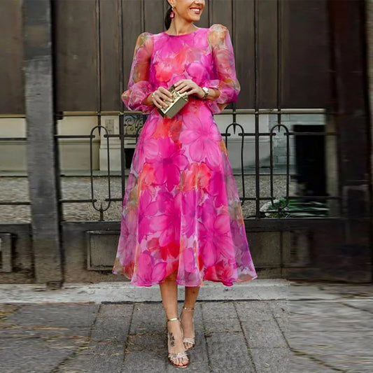 Elegant Watercolor Floral Midi Dress for Women with Round Neck Lantern Sleeve A Line Wedding Guest Style