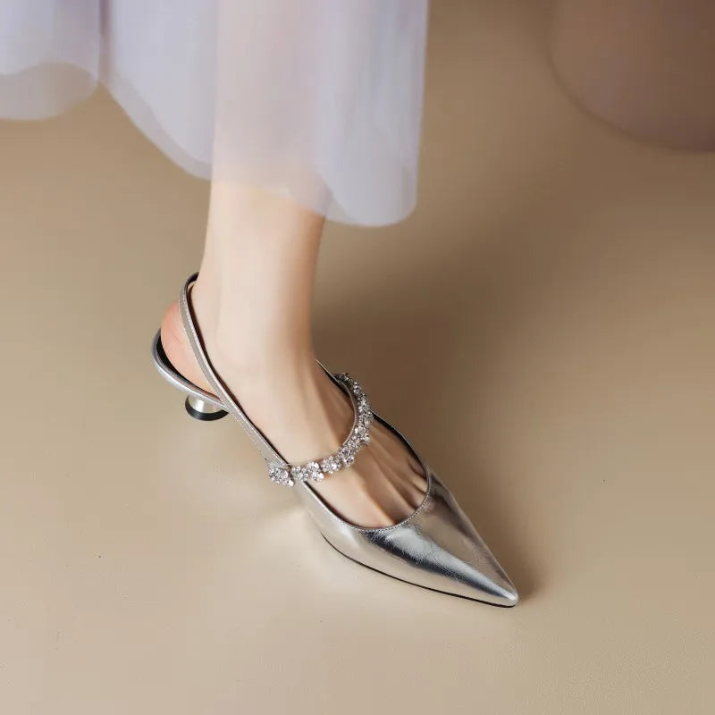 Elegant Rhinestone Slingback Heel for Women with Pointed Toe Ankle Strap Sculptural Heel Style