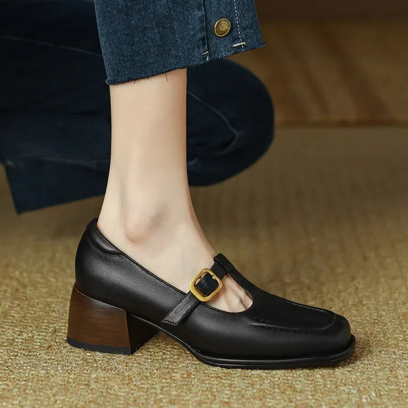 Elegant Leather Mary Jane Loafer for Women with Square Toe T Strap Buckle Block Heel Style
