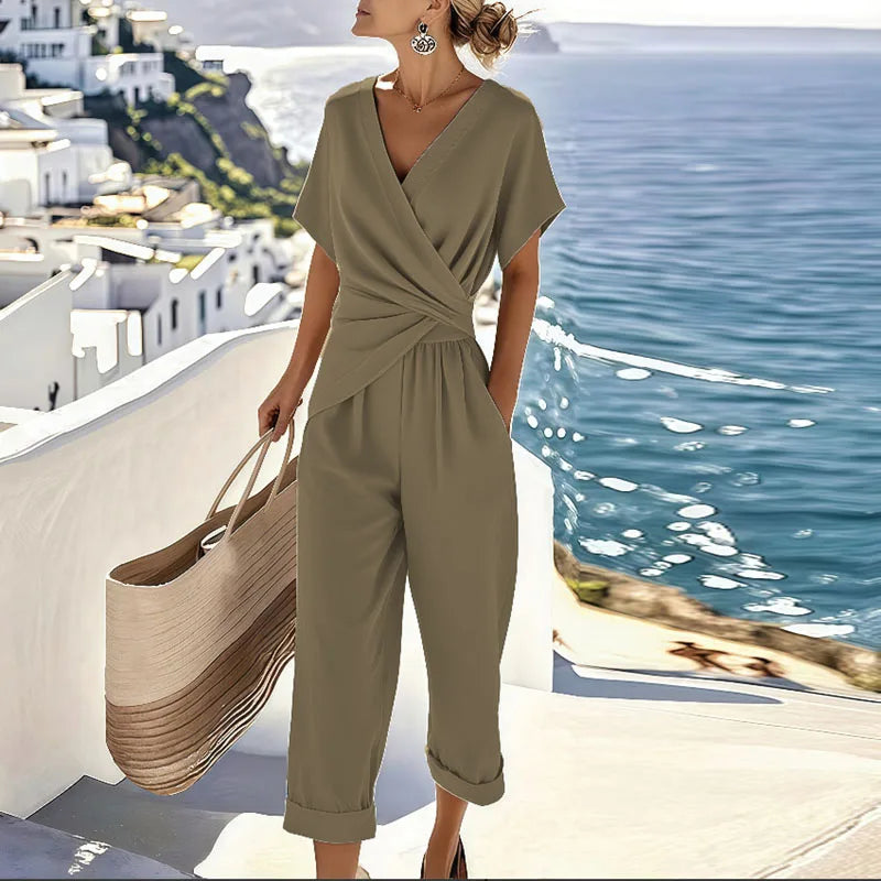 Effortless Wrap Jumpsuit for Women with V Neck Short Sleeve Wide Leg Cropped Relaxed Style