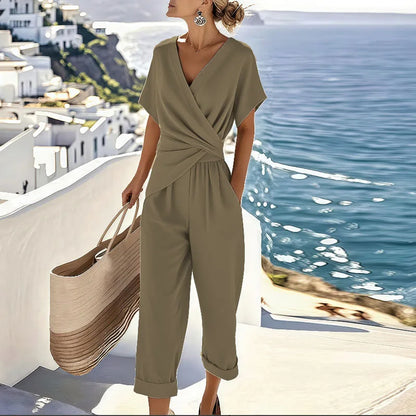 Effortless Wrap Jumpsuit for Women with V Neck Short Sleeve Wide Leg Cropped Relaxed Style