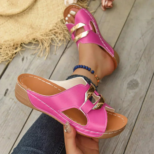 Comfortable Faux Leather Wedge Sandal for Women with Open Toe Metallic Buckle Cutout Platform Style