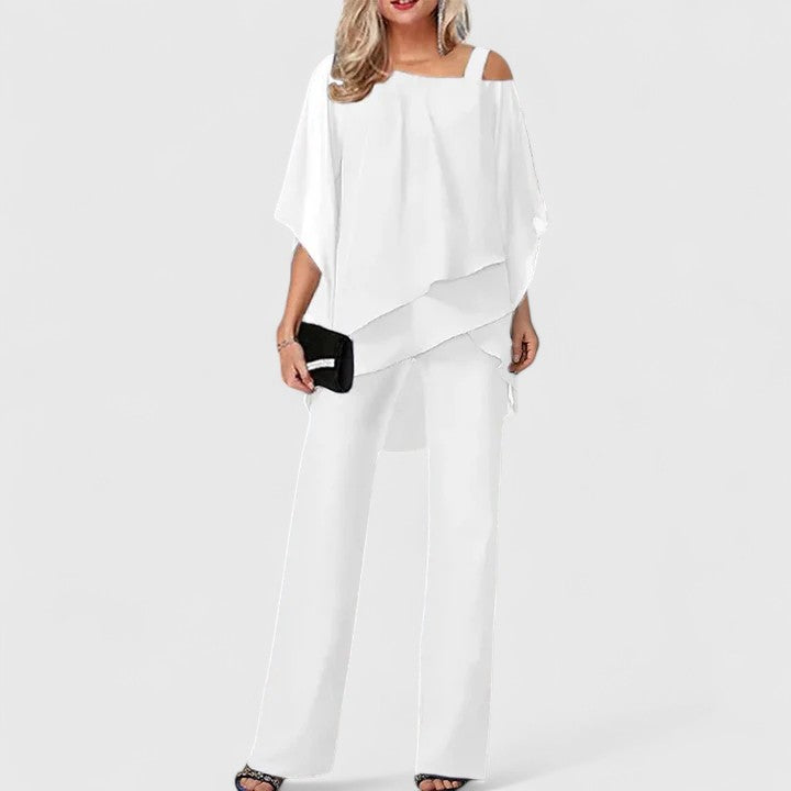 Elegant Chiffon Wide Leg Set for Women with Cold Shoulder Batwing Sleeve Layered Two Piece Style