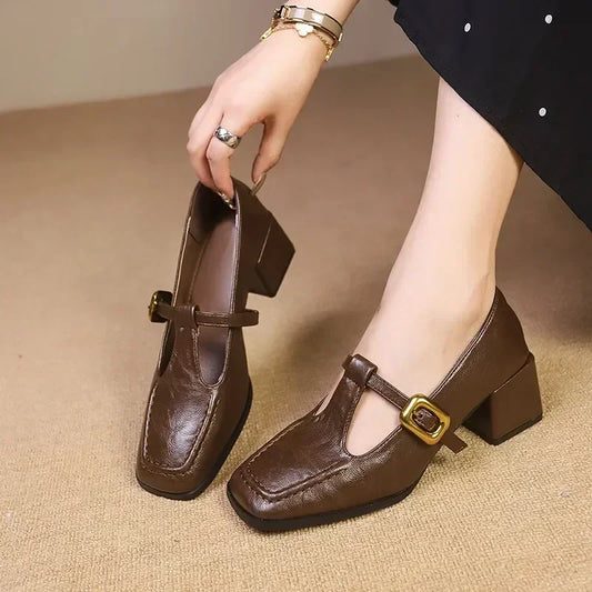 Stylish Leather Mary Jane Pumps for Women with T Strap Square Toe Block Heel Vintage Style