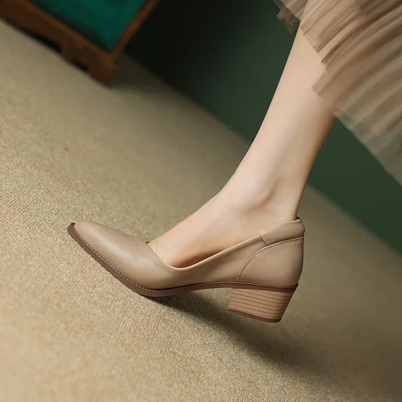Elegant Leather Pointed Toe Pump for Women with Block Heel Slip On Vintage Style