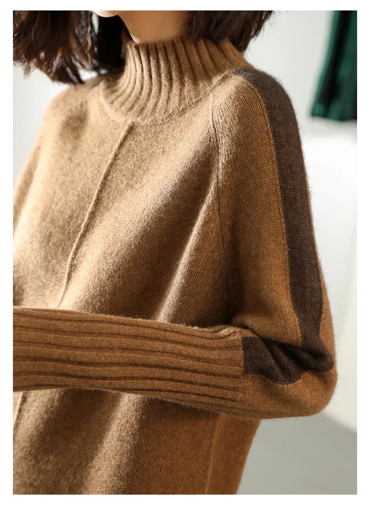 Cozy Brown Sweater Dress for Women with Turtleneck Long Sleeve Ribbed Oversized Knit Style
