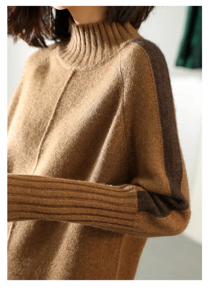 Cozy Brown Sweater Dress for Women with Turtleneck Long Sleeve Ribbed Oversized Knit Style