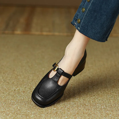 Elegant Leather Mary Jane Loafer for Women with Square Toe T Strap Buckle Block Heel Style