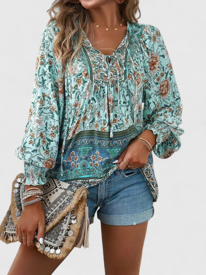 Effortless Floral Blouse for Women with V Neck Balloon Sleeve Smocked Cuff Bohemian Style