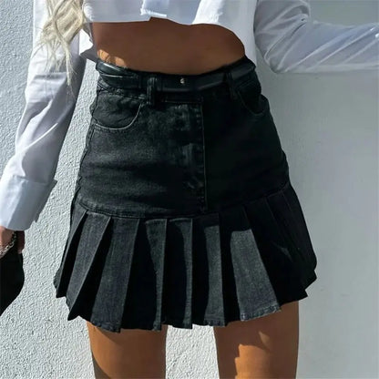 Stylish Black Denim Skirt for Women with High Rise Pleated Mini Flare Style