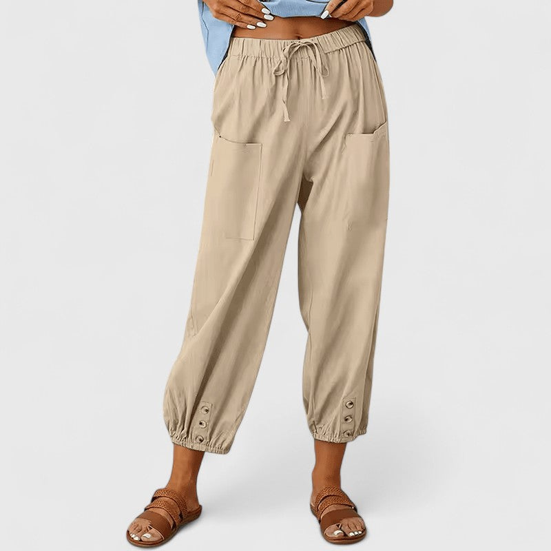 Effortless Khaki Linen Pants for Women with High Waist Drawstring Tapered Cropped Relaxed Style
